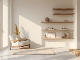 salon, mockup, minimalistyczny, półki, czyste linie, neutralna kolorystyka, naturalne światło, przestrzeń, prostota, sztuka cyfrowa, puste ściany, personalizacja, 