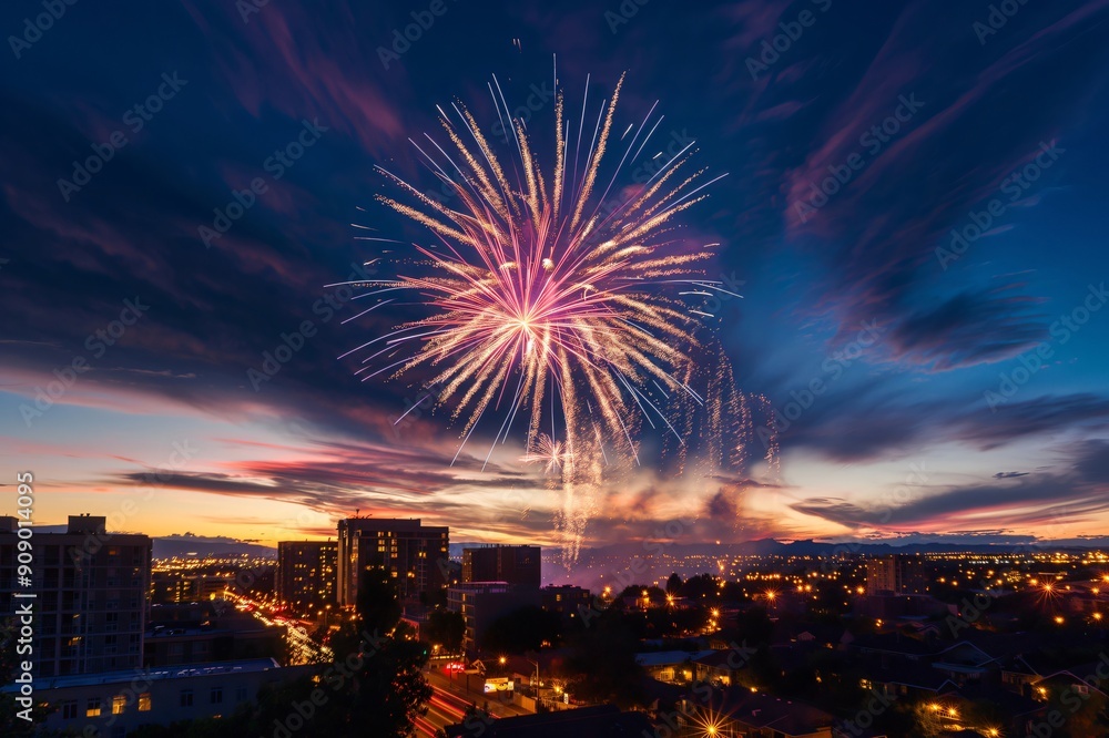 Poster vibrant fireworks display is exploding over a city skyline at dusk, creating a festive atmosphere