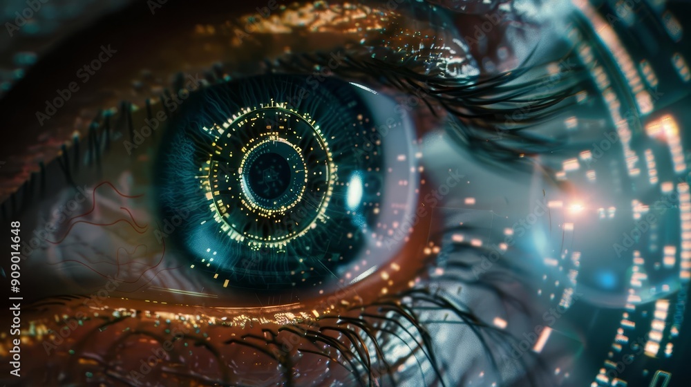 Poster futuristic imagery of an eye, symbolizing ai and automation in business processes, enhancing efficie
