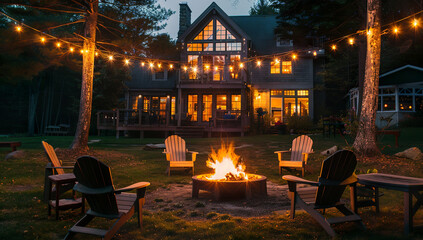 A cozy fire pit surrounded by Adirondack chairs, set in the...