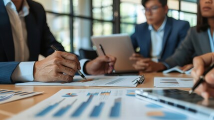 Business growth strategy meeting with a team discussing expansion plans, market entry, and scaling operations with copy space