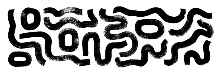 Vector collection of bold squiggly lines and round squares drawn by a dry brush. Hand drawn thick wavy and curly lines, labyrinth motif. Grunge elements for collages, print, posters and graphic design