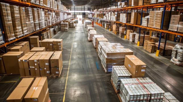 Freight consolidation process with various small shipments being combined into a single larger shipment in a warehouse with copy space