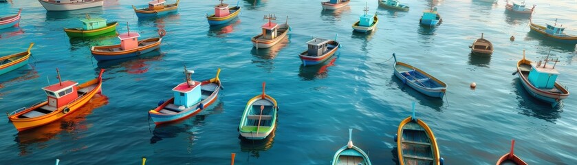 Obraz premium A colorful fleet of small boats dot the tranquil blue waters.