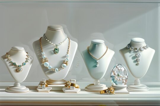 A collection of elegant necklaces displayed on white mannequins in a jewelry store showcase.