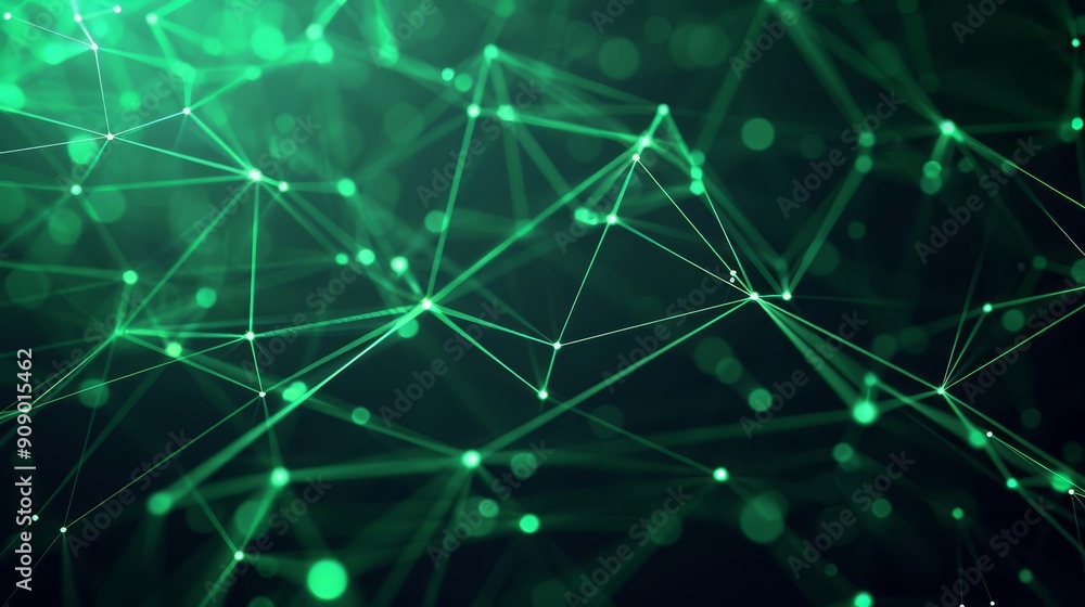 Poster abstract green digital network background with glowing lines and dots.