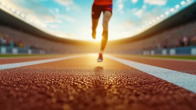 Slow motion of a runner crossing the finish line, stadium, crowd cheering, triumphant moment