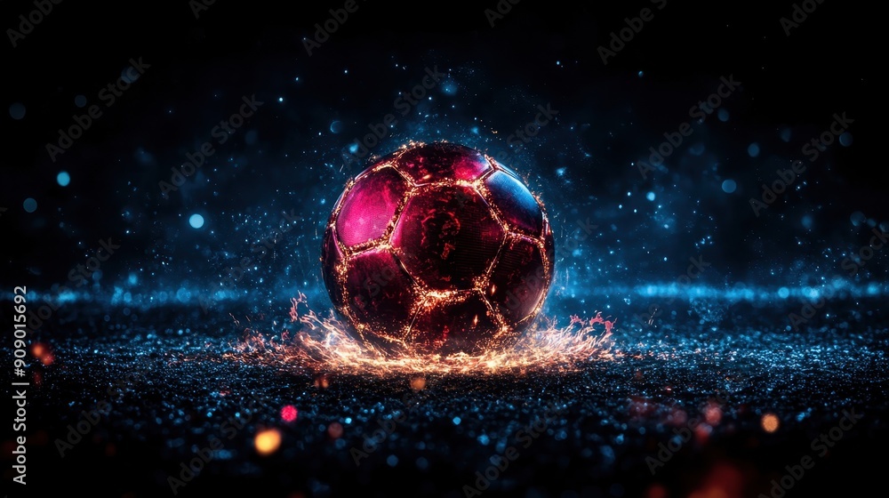 Poster a vibrant soccer ball splashes in a dynamic burst of color and light, capturing energy and motion in
