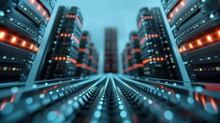 Obraz premium A futuristic cityscape of servers with glowing lights, symbolizing the power and scale of data storage and processing.