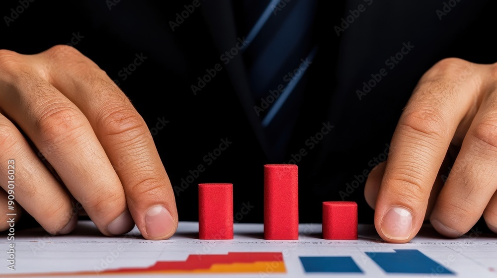 Poster businessman analyzing data with red bar graphs on a report, representing performance metrics and gro