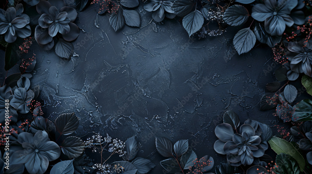 Aufkleber dark moody floral composition creating a frame on a black textured background with copy space