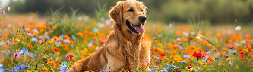 Obraz premium Golden retriever sitting happily in a field of vibrant flowers, exuding warmth and contentment on a bright, sunny day with copy space, professional color grading with copy space