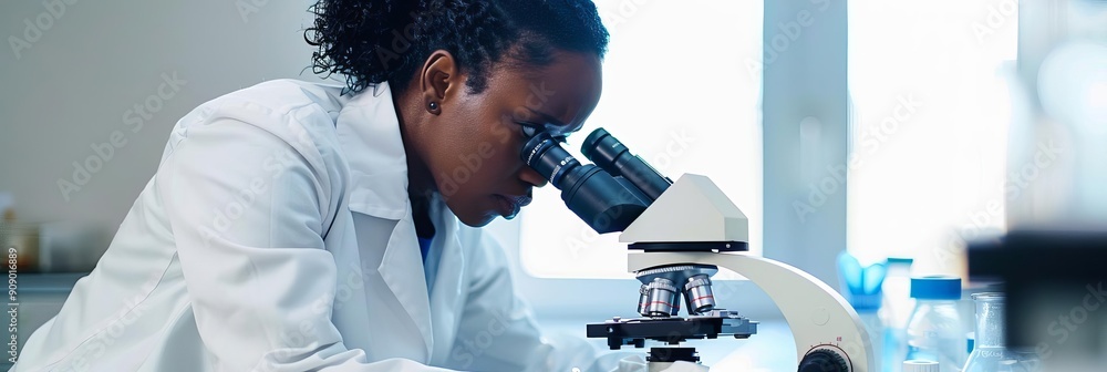 Poster black female scientist focusing through a microscope while working in a laboratory