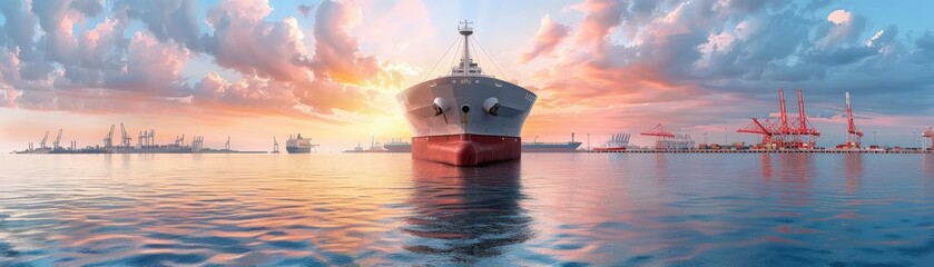 Obraz premium A lone ship sails on a calm sea at sunset, surrounded by a stunning sky.