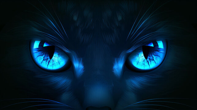 Illustration of a black cat with piercing blue eyes staring intensely from the shadows