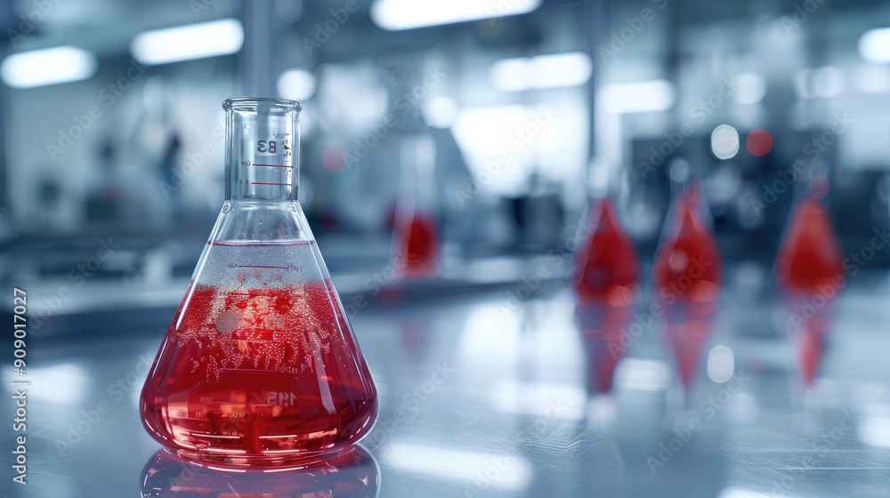 Poster Modern laboratory setting with a focus on a glass beaker containing a vibrant red liquid on a clean. Generative AI.