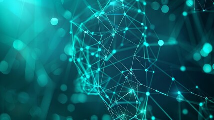 Fototapeta premium Geometric design with cyan nodes and lines on dark teal background, high-tech network, depth of field effect, clear and crisp details with copy space
