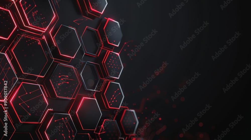 Poster abstract black and red honeycomb pattern with glowing lines