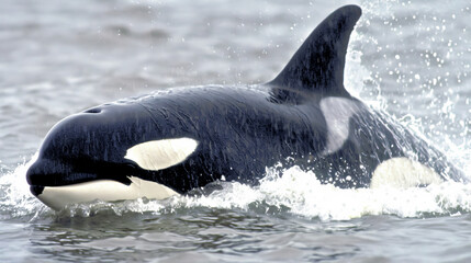 Naklejka premium Killer whale jumping out of the sea. Close-up of the sea animal.