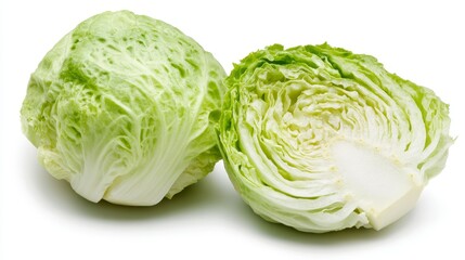 Obraz premium Crisp iceberg lettuce halved, showcasing its tightly packed, pale green layers. Isolated on a pristine white background
