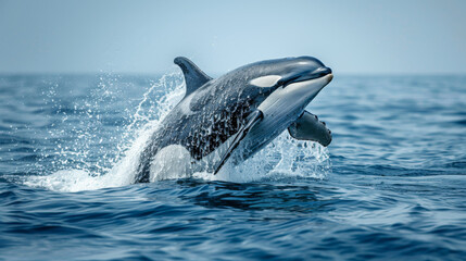 Obraz premium Killer whale jumping out of the sea. Close-up of the sea animal.