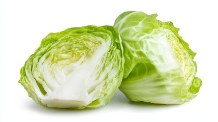 Obraz premium Crisp iceberg lettuce halved, showcasing its tightly packed, pale green layers. Isolated on a pristine white background