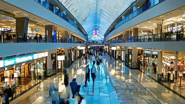 Time-lapse recording of many people walking through a shopping centre and shopping.