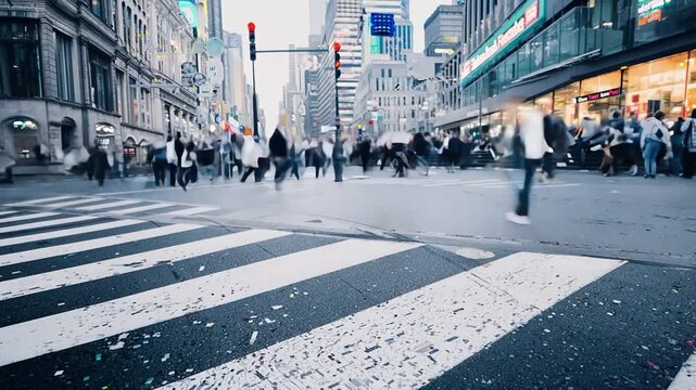Time lapse of a zebra crossing where many people cross in a large city.