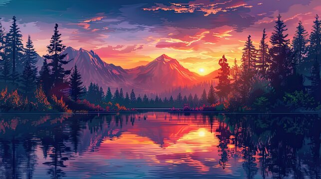 Pixel art landscape of a serene mountain lake, with pixelated reflections of trees and a vibrant sunset sky