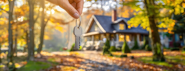 Hand holding keys in front of a cozy house surrounded by autumn foliage, representing the concept of home ownership.