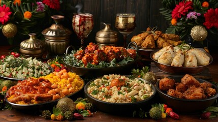 Fototapeta premium indian festive cuisine, delectable festive indian cuisine showcased in a cultural setting, capturing the essence of joy and unity