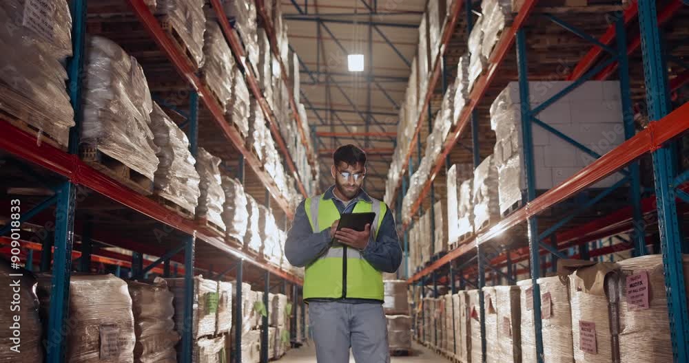 Poster Man, tablet and manufacturing in warehouse for logistics, quality control and stock management for delivery. Male person, tech and packaging with freight, supply chain or shipping company in industry