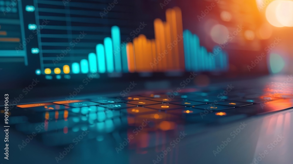 Poster close-up of a laptop keyboard with financial charts displayed on the screen.