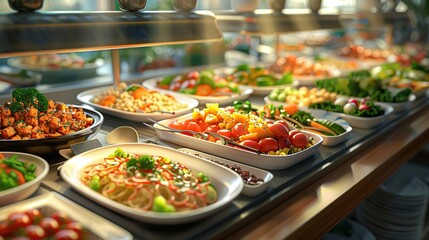 Fototapeta premium A Buffet Line of Food With Many Choices in a Restaurant, 3D Illustration