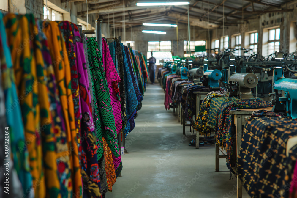 Poster textile factory showing sewing machines and colorful fabrics hanging and resting on tables