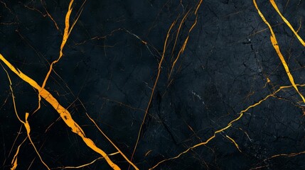 Black marble background with yellow veins, showcasing a grunge texture The natural stone design adds a touch of elegance and drama with copy space