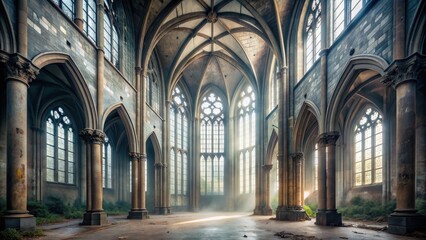 Fototapeta premium Foggy interior of abandoned gothic chapel with tall windows and columns, foggy, hall, interior, gothic, ancient, chapel