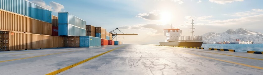 Fototapeta premium Cargo containers at a harbor with a ship in the background.