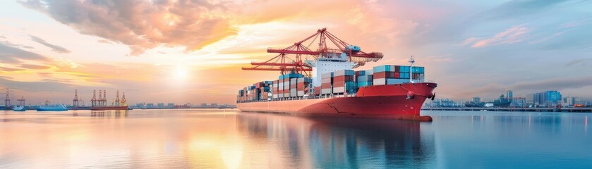 Fototapeta premium Cargo ship at sunset, with colorful sky and calm water.