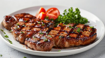 Grilled Pork Chops with Parsley and Tomato Garnish - Food Photography