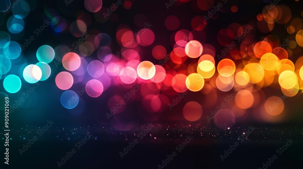 Poster abstract colorful bokeh lights on a dark background.
