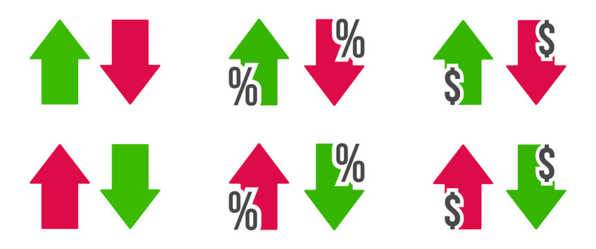 Set of Percentage and Dollar with arrow up and down, line icon. Percentage arrow with percent and dollar sign. Design concept for banking, credit, interest rate, finance and money sphere.