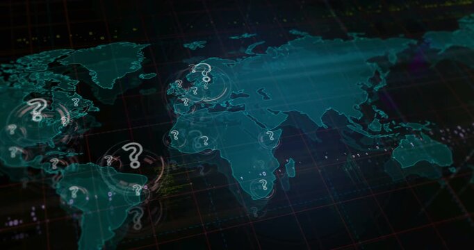 Question mark help and quiz symbols over world map. Seamless looped technology concept.