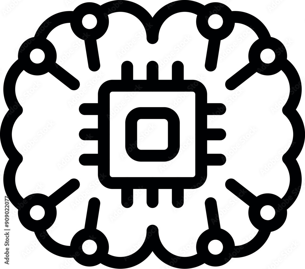 Poster black and white icon of a cpu processing inside a brain, symbolizing artificial intelligence