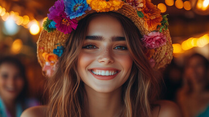 woman with a radiant smile, dressed in festive attire, exudes joy and celebration against a vibrant festival background, capturing the essence of happiness and festivity