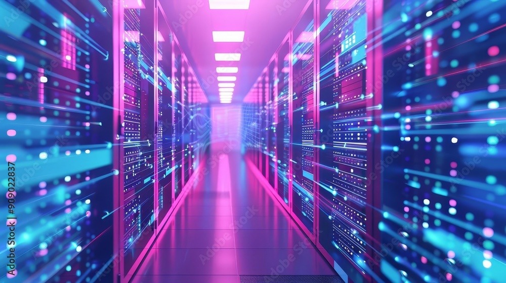Poster neon-lit server room with glowing data streams.