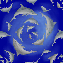 Fototapeta premium Group of dolphins swimming in a circle, seamless pattern