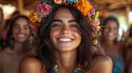 woman with a radiant smile, dressed in festive attire, exudes joy and celebration against a vibrant festival background, capturing the essence of happiness and festivity