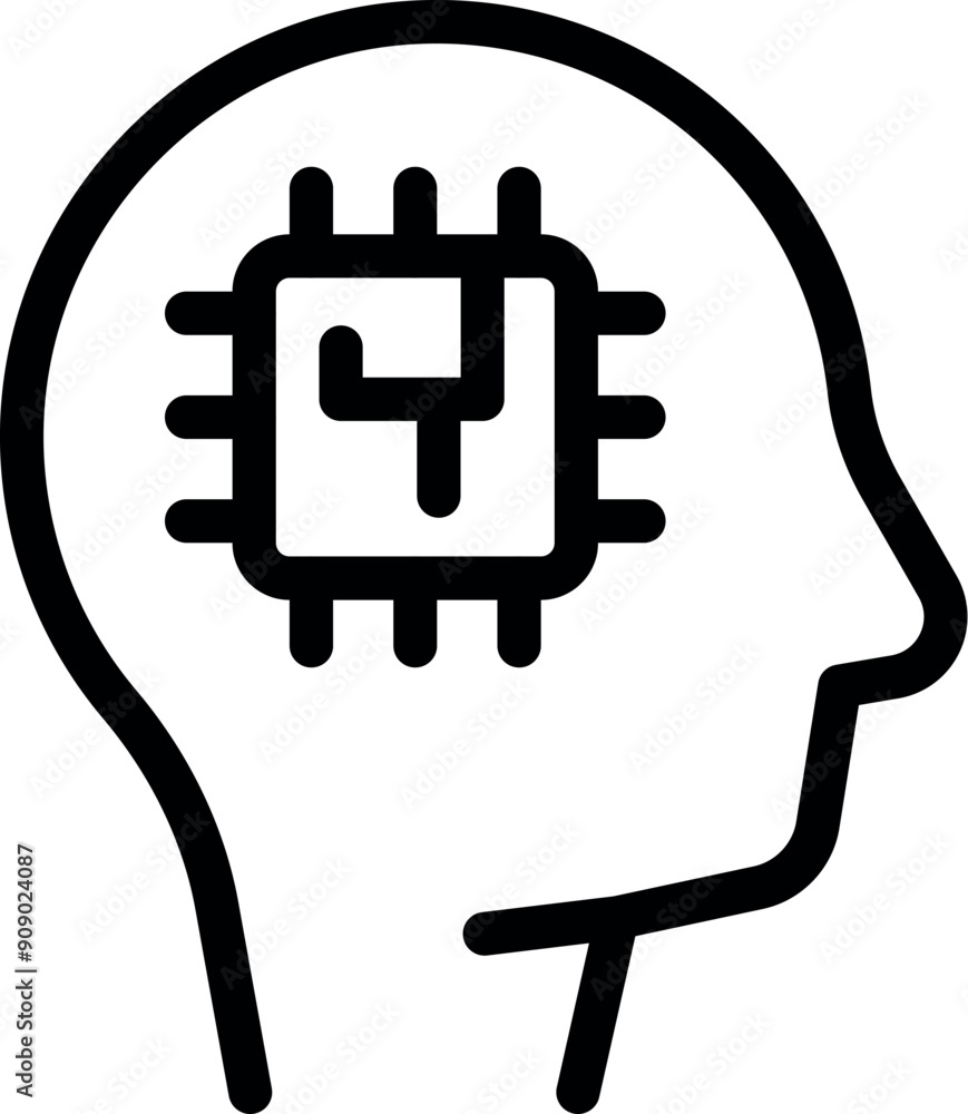 Poster line art icon of a human head with a cpu chip inside, representing artificial intelligence and machi