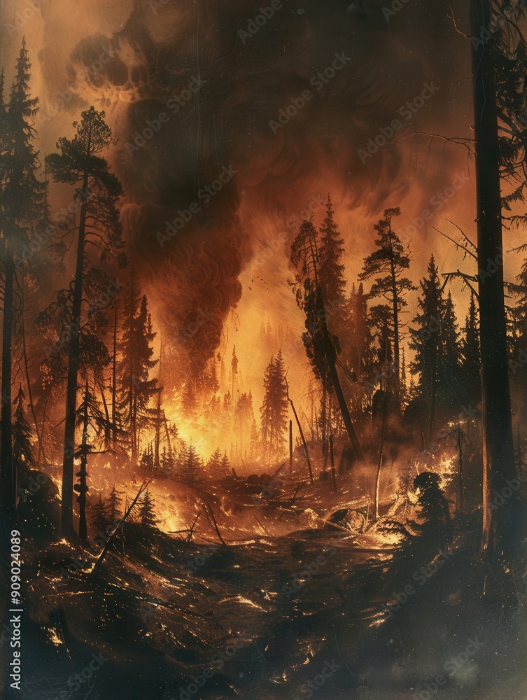 Poster a forest is engulfed in bright flames, with ash and smoke billowing into the sky, signifying a devas